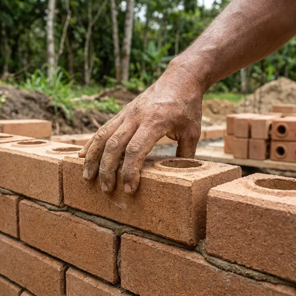 Mão assentando um tijolo ecológico de solo-cimento na parede em construção